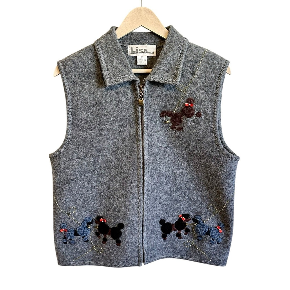 Vintage Lisa International Vest Wool Dog Poodle  Zip Up 1950's Poodle Vest